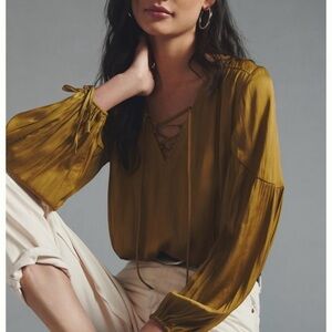 Anthropologie Lace-Up V-Neck Balloon Sleeve Blouse, XXS, Green, Excellent Cond.